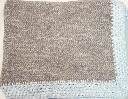 Hand Machine Knitted Finished with Hand Crochet Dark Grey Color Chenille Infant Boys Blanket Hand Crochet Trimmed with Blue Color Chenille