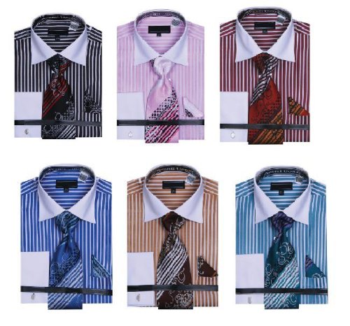 Sunrise Outlet Men's Striped Dress Shirts with Tie & Hanky Set
