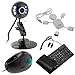 GTMax 8MP USB Webcam with Microphone/Snapshot/6 LED Light/Stand (Half-Moon) - Metal Finish + Black USB Handheld Trackball Finger Mouse + Black USB/PS2 Flexible Silicone Keyboard + White USB 2.0 4-Port Hub Mini Man For Desktop/Laptop Computers