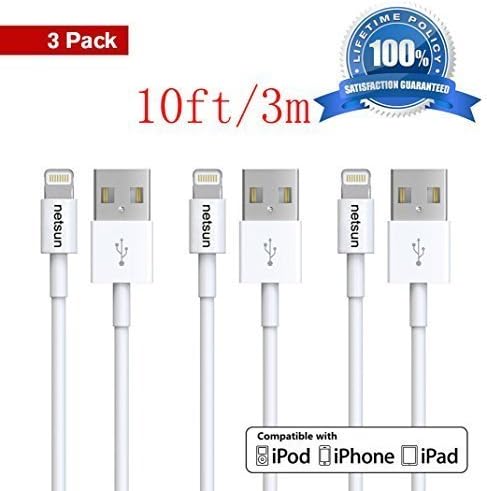 iPhone cable,Certified NetSun(TM) 3 Pack 10Ft/3m 8 Pin Lightning to USB Sync and Charging Cable for Apple iPhone 6 / 6 Plus / 5s / 5c / 5, iPod 7, iPad Mini / Mini 2/ Mini 3, iPad 4 / iPad Air / Air 2