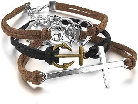 Guoqueen Men,Women's Alloy Genuine Leather Bracelet Link Wrist Braclet Silver Black Brown Double Heart Anchor Nautical Cross Surfer Wrap Punk Rock,7"
