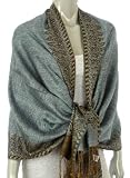 70" x 28" Border Pattern Double Layer Woven Pashmina Shawl / Wrap / Stole - Steel Blue