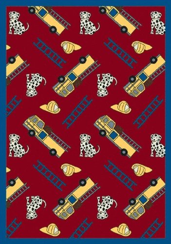 Joy Carpets 1415B-02 Hook and Ladder Red 3 ft.10 in. x 5 ft.4 in. 100 Pct. STAINMASTER Nylon Machine Tufted- Cut Pile Just for Kids Rug