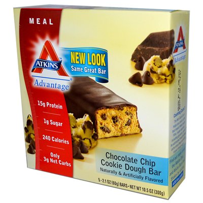 Atkins, Avantage, Barre de pâte à biscuits aux pépites de chocolat, 5 barres, 2,1 oz (60 g) de chaque 