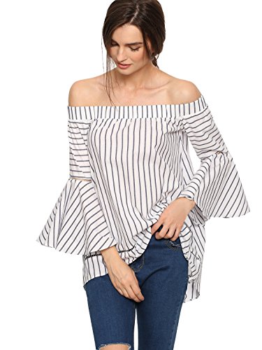 SheIn Women's Off The Shoulder Bell Sleeve Striped Blouse - White Large