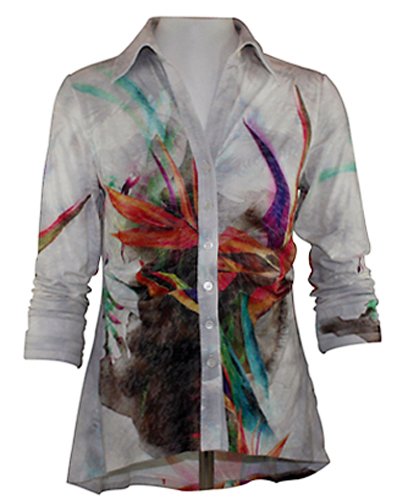 Boho Chic Clothing - Bird of Paradise , Overlay Print, Decorative Asymmetric hem with Button Front, Multi Colored Womens Fashion Top