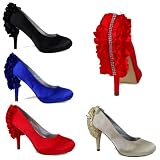 T7A Womens Ladies Black Satin Diamante Back Frill Bridesmaid Bridal Wedding Party Evening Full Toe Shoes Size 7