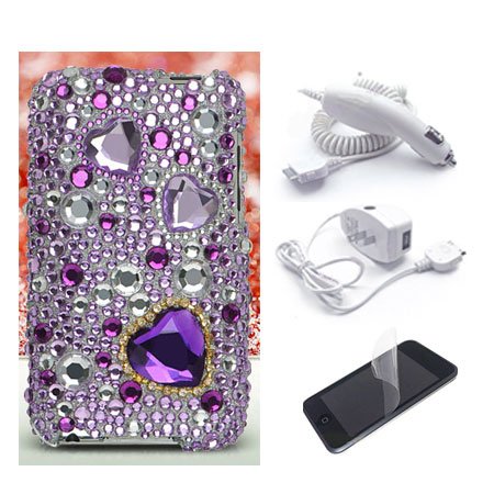 Ipod Touch 2nd and 3rd generation Rhinestones Back Cover + Screen Protector + Car Charger + itouch Wall Charger (Big Diamond Purple Heart)