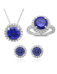 Sterling Silver Round Purple CZ Stud Earrings, Necklace and Ring Set