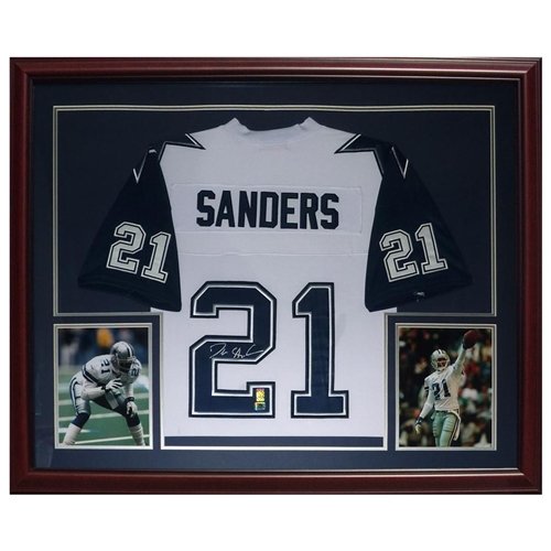 Deion Sanders Autographed Dallas Cowboys (White #21) Deluxe Framed Jersey - Sanders Holo