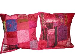 Chair Cushion Covers-2 Pink Maroon Sari Toss Pillow Cushion Covers