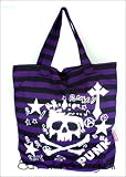 Skull: Black & Purple Stripe Shoulder Tote bag *PUNK+ Free Necklace