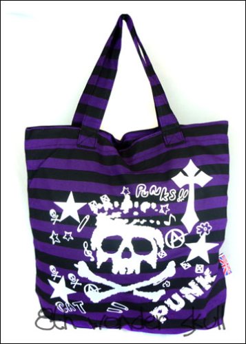Click here to buy Skull: Black & Purple Stripe Shoulder Tote bag *PUNK+ Free Necklace.