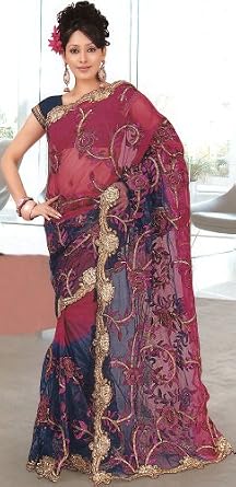 Plus Size Womens Clothes : Exotic India Scarlet-Red and Purple Wedding Sari with Ari-Embroidered Flowers and Sequins All-Over - Scarlet On Line