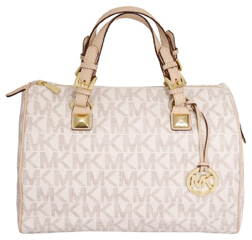 Michael Kors Grayson Large Womens Satchel Handbag with Logo Vanilla