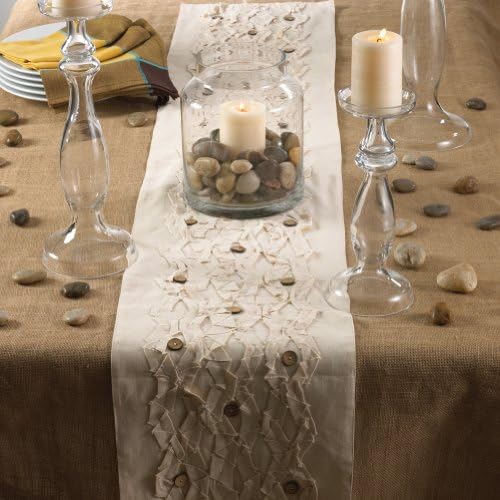 Ruffle Coconut Button Accent Natural Table Runner, 100% Cotton, 13"x72" Rectangular
