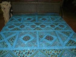 Vintage Banjara Sari Bedspreads Blue Mirror Embroidery Tapestry King Bedcover 90x108