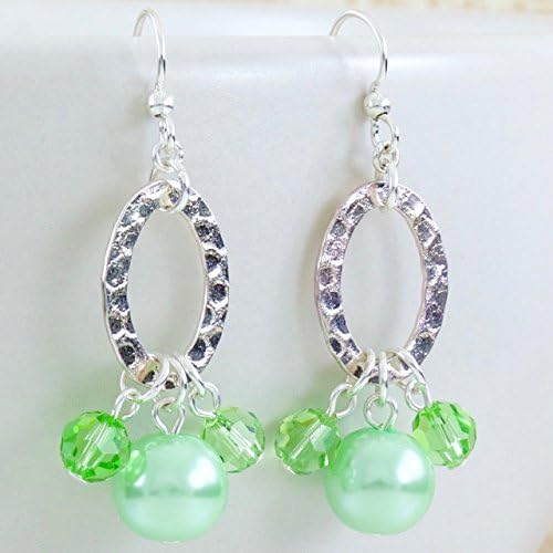 Silver Hoop Earrings with Mint Green Pearls and Peridot Crystals