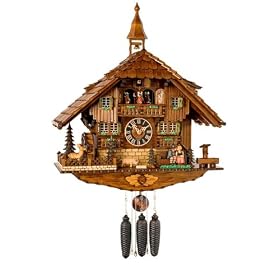 River City Clocks MD828-23 Eight Day Musical Chalet Cuckoo Clock with Dancers, Man Slides... by River City Clocks