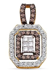 14K Yellow and White Two 2 Tone Gold Princess Cut Invisible & Channel Set Chocolate Brown and White Diamond Halo Pendant - (1.00 cttw.)