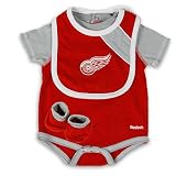 Detroit Red Wings Striped Creeper, Bib, Bootie Set - 0-3 Months