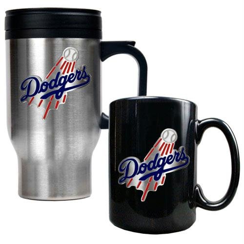 MLB Los Angeles Dodgers Stainless Steel Travel Mug & Black Ceramic Mug Set - Primary Logo