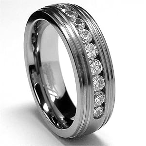Grooved Mens Titanium Ring Wedding Band with 9 Cubic Zir