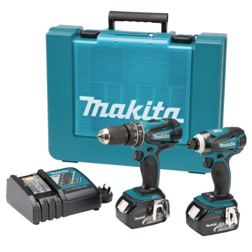  Makita 18V Lithium-Ion Combi Drill plus Impact Driver Cordless Kit with Batteries (2 Pieces) 