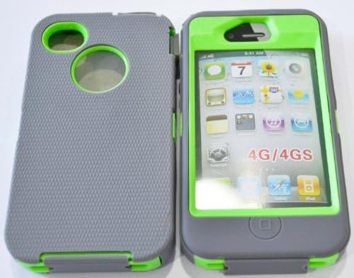 Multi Color Iphone 4 4S Body Armor Defender Silicone Hybrid Cove Hard Case, Three Layer Silicone PC Case Cover for iPhone 4 4S 4G, (Gray+Green)