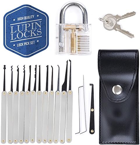 15-Piece Lock Pick Set with Transparent Practice Padlock for Training and Practice LUPIN LOCKS