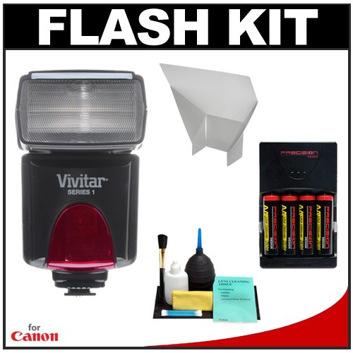 Vivitar High Power Auto Flash DF-383 with Bounce & Swivel Head + Bounce Reflector + (4) AA Batteries & Charger + Cleaning Kit for Canon EOS Rebel XT, XTi, XS, XSi, T1i, 50D, 40D, 5D SLR Digital Cameras