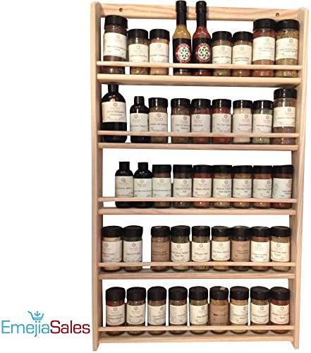 EMS Solid OAK Wood Spice Rack Organizer, 5 Tier Wall Mounted - Seasoning Storage for Pantry and Kitchen - Natural Finish (32.75"H x 20"W x 2.75"D)