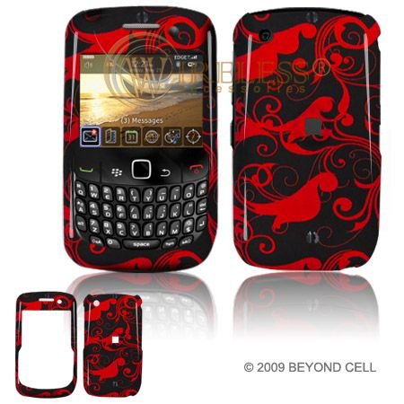 BlackBerry Gemini 8520/Curve 8530 Cell Phone Red/Black Floral Swirls Design Protective Case Faceplate Cover
