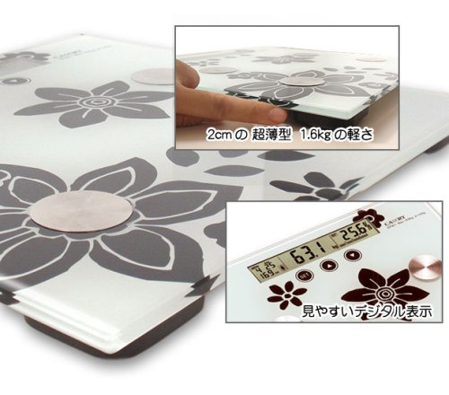 超薄型2cm＆軽量　デジタル体組成計(体重計）　CrystalScale　BOUQUET(クリスタルスケール　ブーケ）　ホワイトブラック