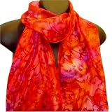 ArtisanStreet's Lightweight China Silk Hand Painted Silk Scarf. Features Ruby Red & Vibrant Fuchsia in a Marbled Pattern Design. One of a Kind. Signed By Artisan.