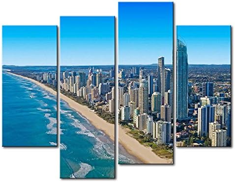 Blue 4 Panel Wall Art Painting Gold Coast High-Rise Building Blue Sea Pictures Prints On Canvas City The Picture Decor Oil For Home Modern Decoration Print For Kids Room
