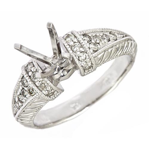 0.32ct 14k White Gold Diamond Semi Mount Antique Style Engagement Setting Ring (SI Clarity, GH Color)
