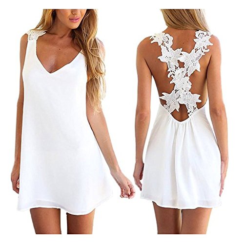 PAKULA Women's Backless Crochet Lace Chiffon Summer Beach Mini Dress