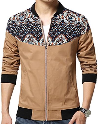 ToutACoup Men's Fashion Casual Front-Zip Jacket Printing Pattern Outwear Khaki XL