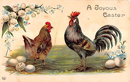 A Joyous Easter Two Roosters With Blue White Flowers Antique PC V9434
