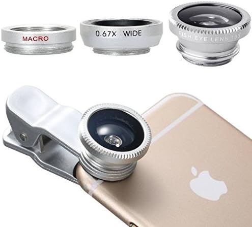 Universal Cell Phone Camera Lens Kit. 3-in-1 Clip-on Lens - 180 Degree Fish Eye, 130 Degree Wide Angle, 10x Macro Lens for Iphone 4 5 6, Samsung S4 and S5, Note 2 and 3. (Silver)