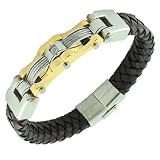 Stainless Steel Brown Leather White Crystal Stone Two Tone Mens Bracelet