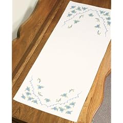 USA Produkt - Blue Flowers Dresser Scarf Stamped Cross Stitch-14 X39