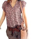 Allegra K Woman Dotted Split Neck Short Sleeve Blouse Tops Pastel M