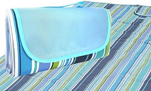 Handy Mat Prime | Superb Handy Beach Blanket Mat with Strap for Picnic, Beach Trip, Traveling, Hiking, or Other Outdoor Activities | Premium Waterproof, Stain-Proof, Sand and Mildew Resistant Polyester Oxford Cloth Fabric | Blue Stripe | 802
