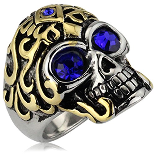 Men's Vintage Stainless Steel Gothic Cz Classic Skull Biker Ring , Gold Silver Blue