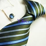 NEW Y&G Designer Hand Made Blue Green White Stripes 100% Jacquard Woven Pure Silk Mens Neck Tie and Cuff Links Set 9405