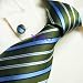NEW Y&G Designer Hand Made Blue Green White Stripes 100% Jacquard Woven Pure Silk Mens Neck Tie and Cuff Links Set 9405