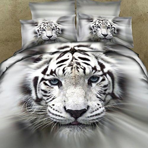 Home Textile 3d Effect Print White Tiger 4pcs Bedding Sets,cotton100% Material Beautiful Creative Animal Bedding Sets Twin/X Long Twin/Full/Queen Size Christmas Gifts for Family (Queen)