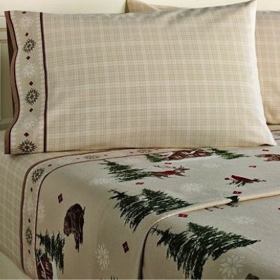 Twin Size Flannel Sheet Set Heavy Weight Lodge Cabin Sheets Log Cabin Pattern